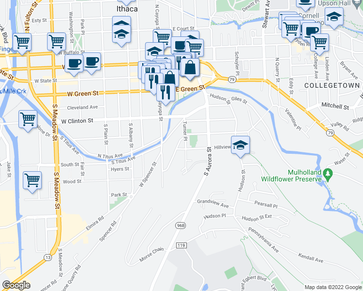 map of restaurants, bars, coffee shops, grocery stores, and more near 203 S Hill Terrace in Ithaca