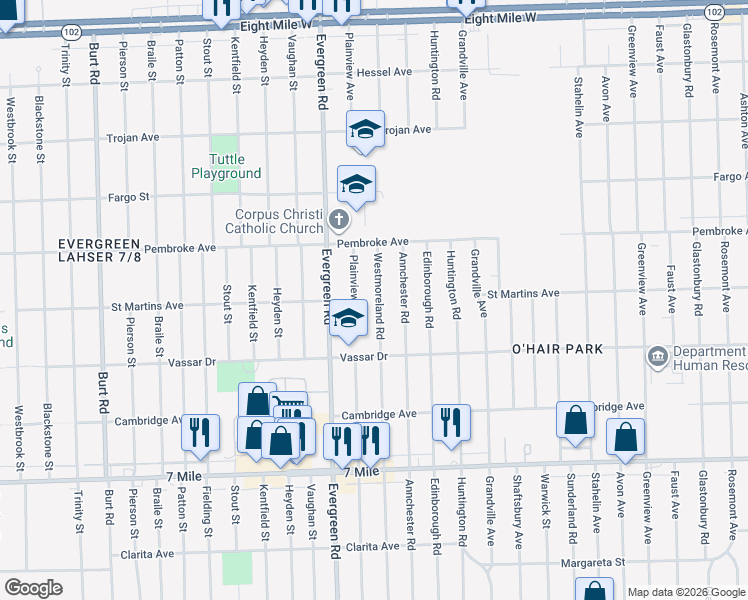 map of restaurants, bars, coffee shops, grocery stores, and more near 19524 Westmoreland Road in Detroit