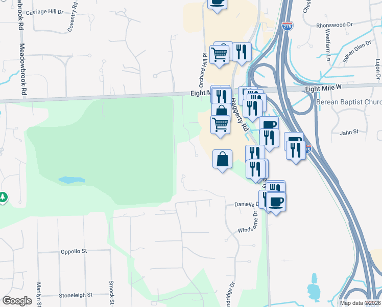 map of restaurants, bars, coffee shops, grocery stores, and more near 20218 Beacon Way in Northville