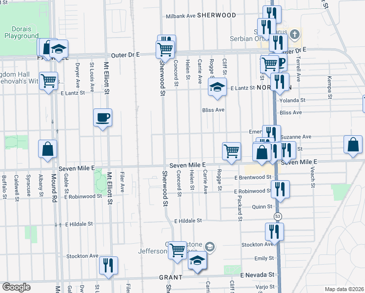 map of restaurants, bars, coffee shops, grocery stores, and more near 19180 Concord Street in Detroit