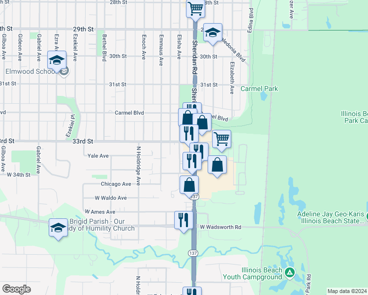 map of restaurants, bars, coffee shops, grocery stores, and more near 3315 Colgate Avenue in Zion