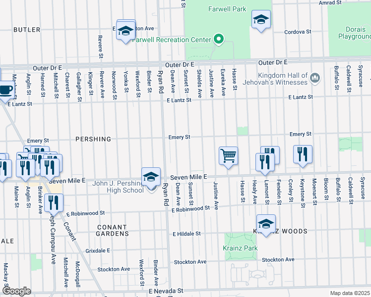 map of restaurants, bars, coffee shops, grocery stores, and more near 19227 Sunset Street in Detroit