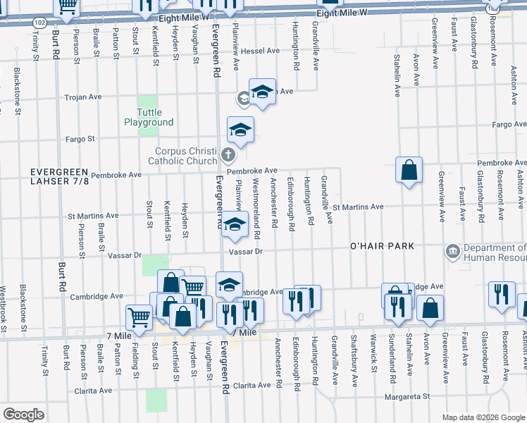 map of restaurants, bars, coffee shops, grocery stores, and more near 19524 Westmoreland Rd in Detroit