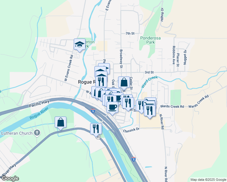 map of restaurants, bars, coffee shops, grocery stores, and more near 199 1st Street in Rogue River