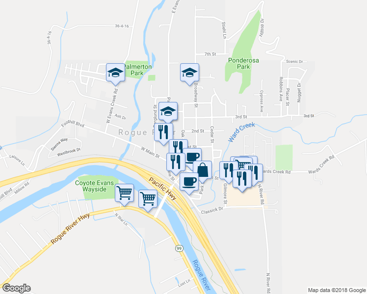 map of restaurants, bars, coffee shops, grocery stores, and more near 199 1st Street in Rogue River