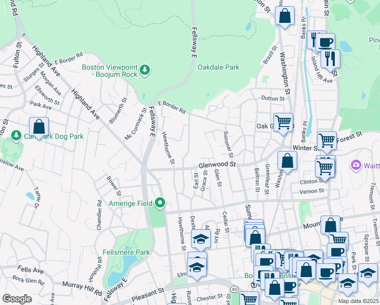 map of restaurants, bars, coffee shops, grocery stores, and more near 81 Woodland Road in Malden