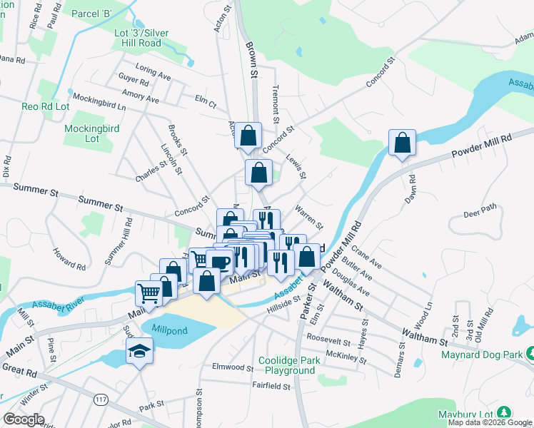 map of restaurants, bars, coffee shops, grocery stores, and more near 23-23A Glendale Street in Maynard
