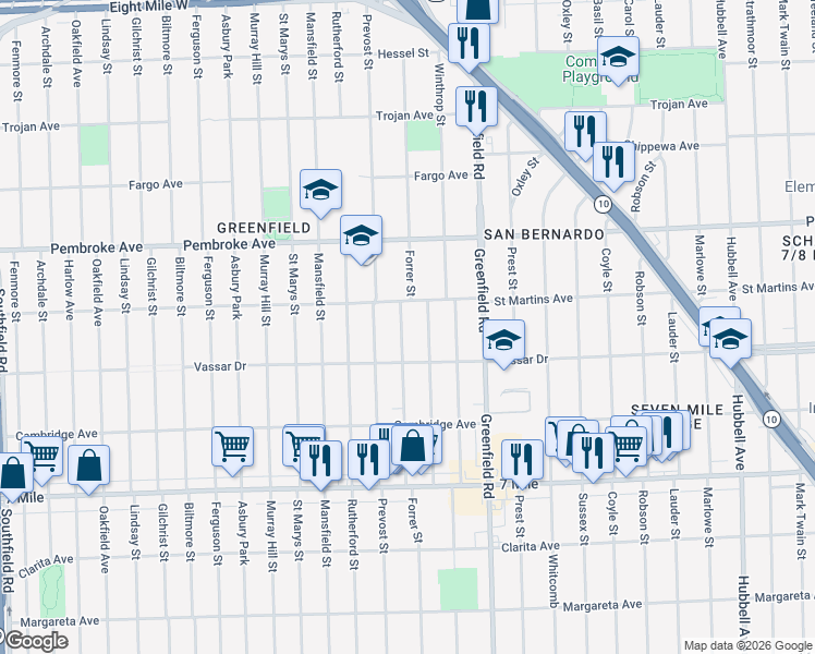 map of restaurants, bars, coffee shops, grocery stores, and more near 19471 Forrer Street in Detroit