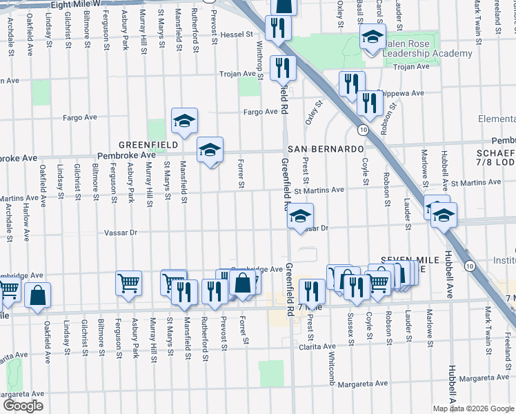 map of restaurants, bars, coffee shops, grocery stores, and more near 19464 Montrose Street in Detroit