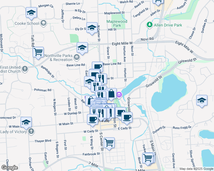 map of restaurants, bars, coffee shops, grocery stores, and more near 443 Grace Street in Northville