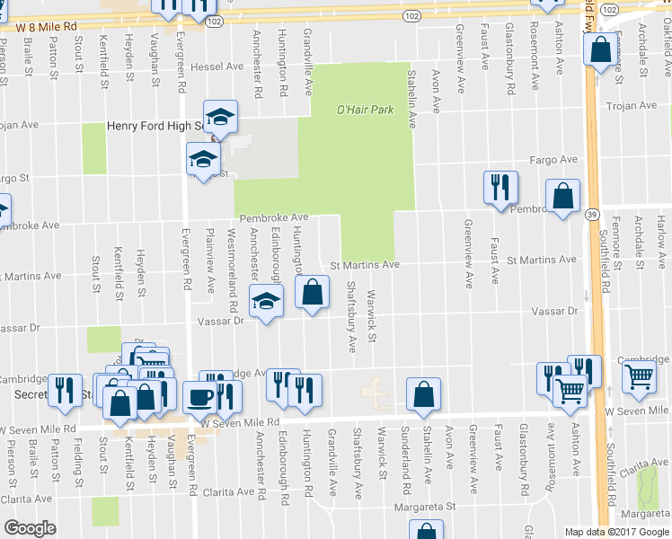 map of restaurants, bars, coffee shops, grocery stores, and more near 19510 Grandville Avenue in Detroit