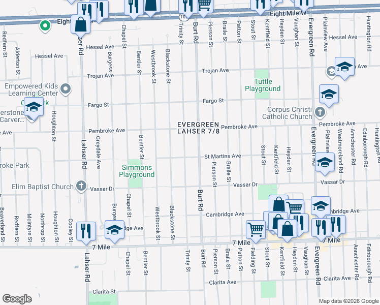 map of restaurants, bars, coffee shops, grocery stores, and more near 19710 Trinity St in Detroit