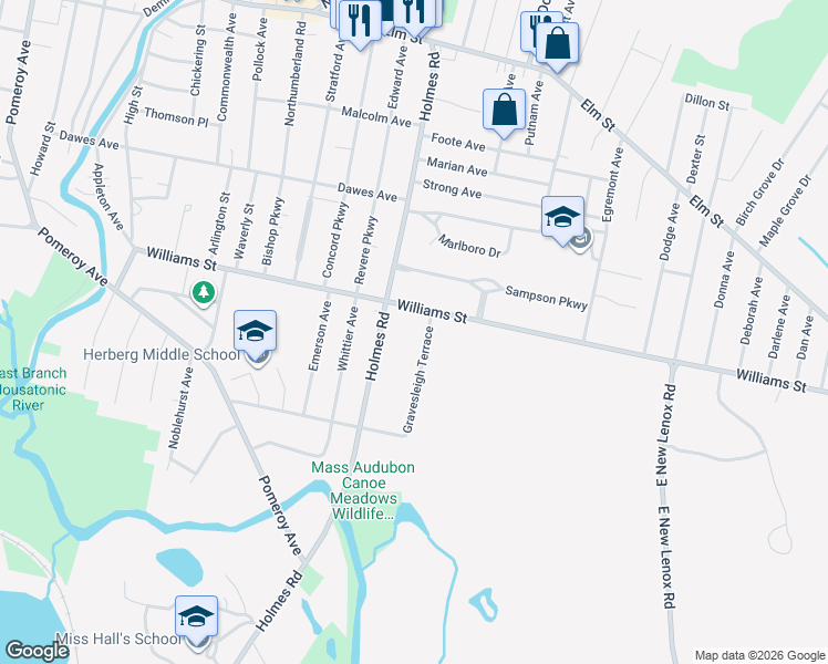 map of restaurants, bars, coffee shops, grocery stores, and more near 16 Gravesleigh Terrace in Pittsfield