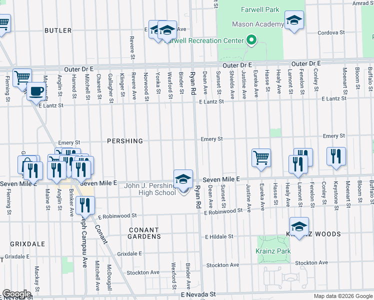 map of restaurants, bars, coffee shops, grocery stores, and more near 19234 Binder Street in Detroit