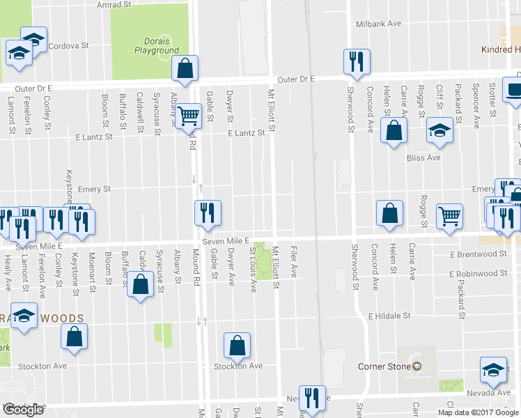map of restaurants, bars, coffee shops, grocery stores, and more near 19194 Saint Louis Street in Detroit