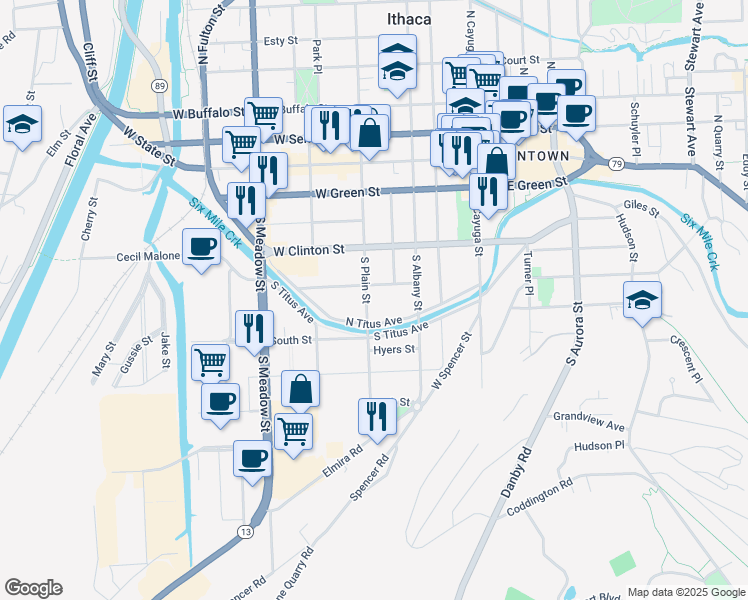 map of restaurants, bars, coffee shops, grocery stores, and more near 511 South Plain Street in Ithaca