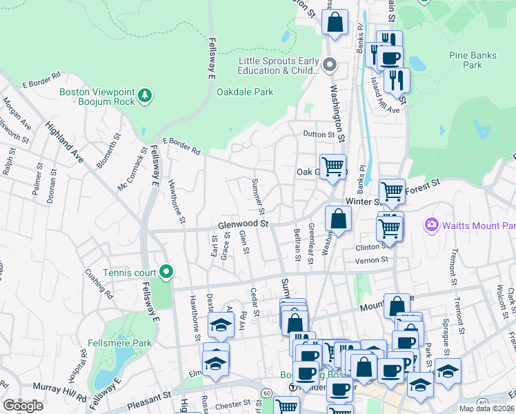 map of restaurants, bars, coffee shops, grocery stores, and more near 243 Summer Street in Malden
