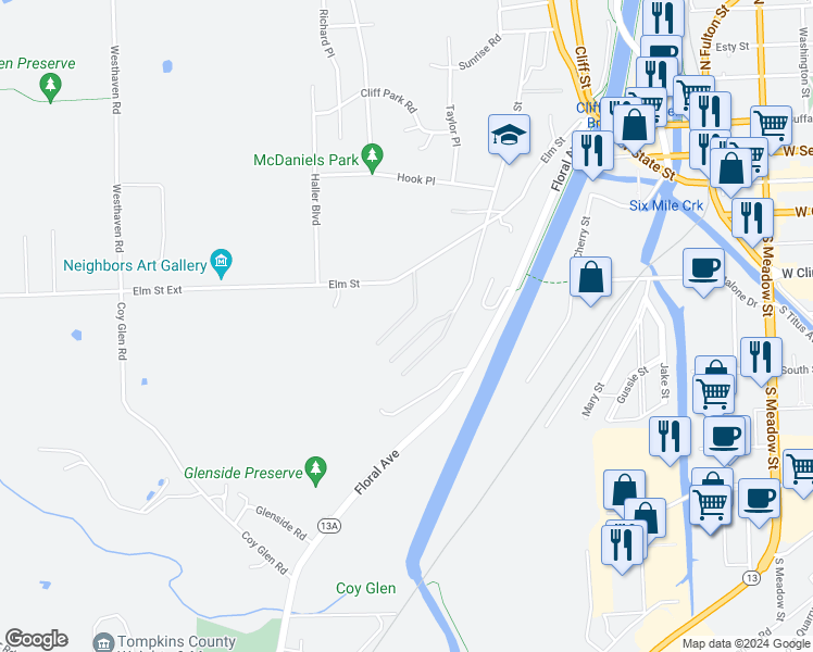 map of restaurants, bars, coffee shops, grocery stores, and more near 48 Abbott Lane in Ithaca
