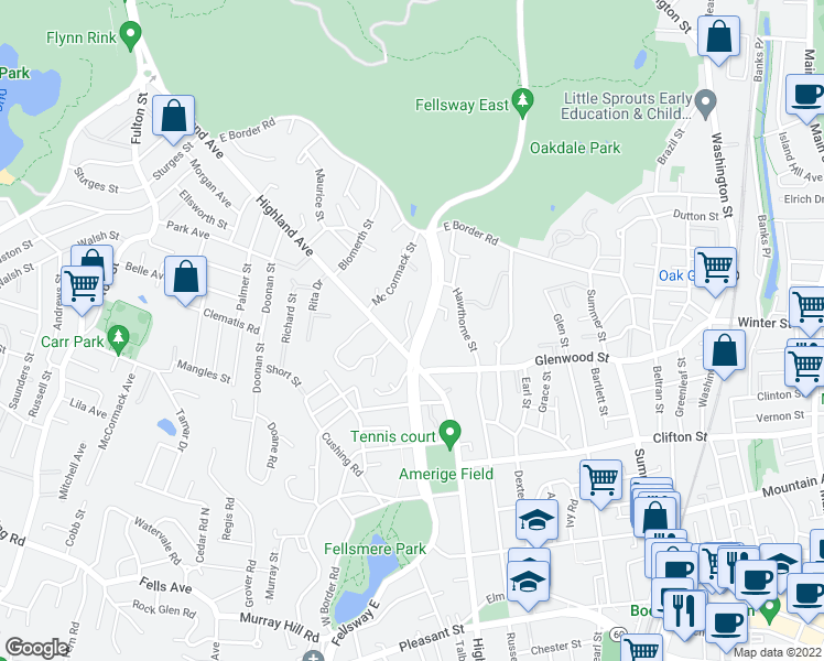 map of restaurants, bars, coffee shops, grocery stores, and more near 478 Fellsway East in Malden