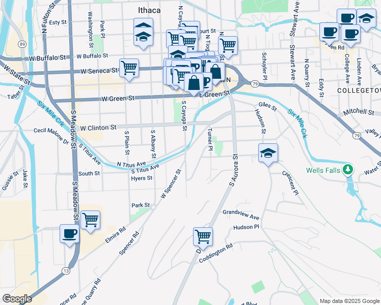 map of restaurants, bars, coffee shops, grocery stores, and more near 401 S Cayuga St in Ithaca