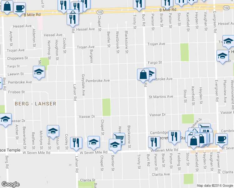 map of restaurants, bars, coffee shops, grocery stores, and more near 19721 Westbrook Street in Detroit