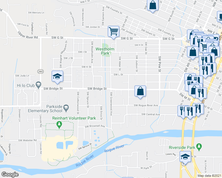 map of restaurants, bars, coffee shops, grocery stores, and more near Southwest Bridge Street in Grants Pass