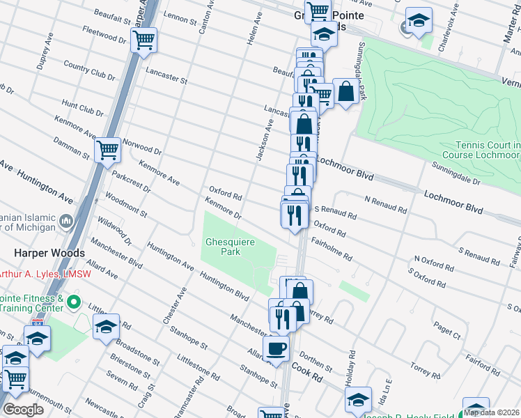 map of restaurants, bars, coffee shops, grocery stores, and more near 1883 Oxford Road in Grosse Pointe Woods