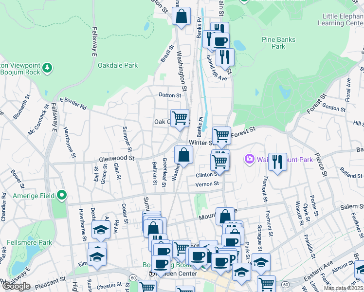 map of restaurants, bars, coffee shops, grocery stores, and more near 235 Washington Street in Malden