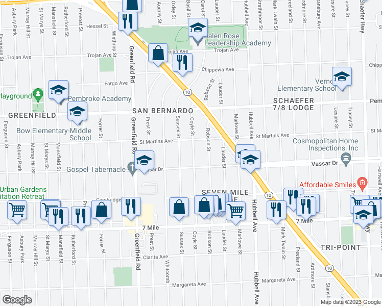 map of restaurants, bars, coffee shops, grocery stores, and more near 19452 Sussex Street in Detroit