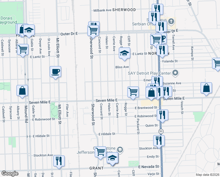 map of restaurants, bars, coffee shops, grocery stores, and more near 19177 Carrie Street in Detroit