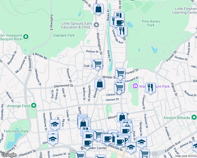 map of restaurants, bars, coffee shops, grocery stores, and more near 235 Washington Street in Malden