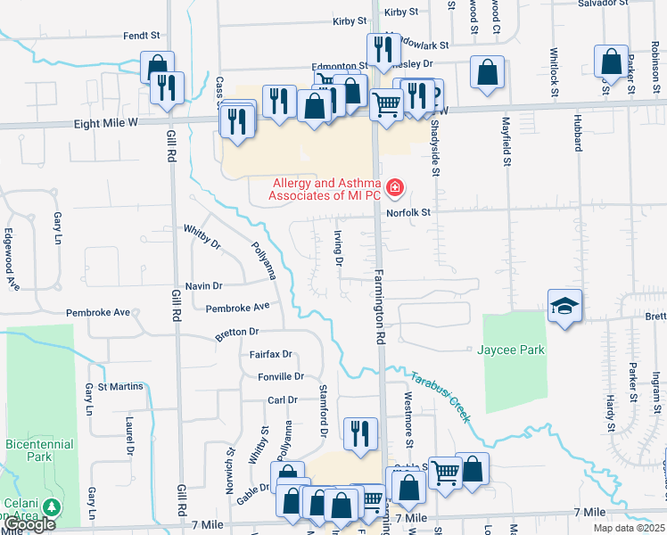 map of restaurants, bars, coffee shops, grocery stores, and more near 20057 Irving Drive in Livonia