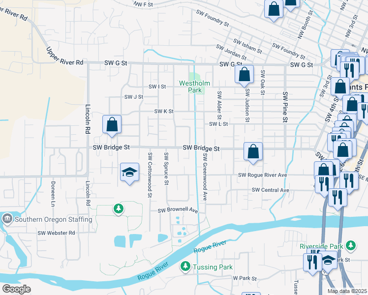 map of restaurants, bars, coffee shops, grocery stores, and more near 1435 Southwest Bridge Street in Grants Pass