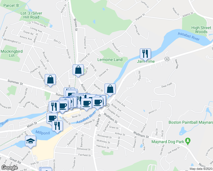 map of restaurants, bars, coffee shops, grocery stores, and more near 8 Colbert Avenue in Maynard