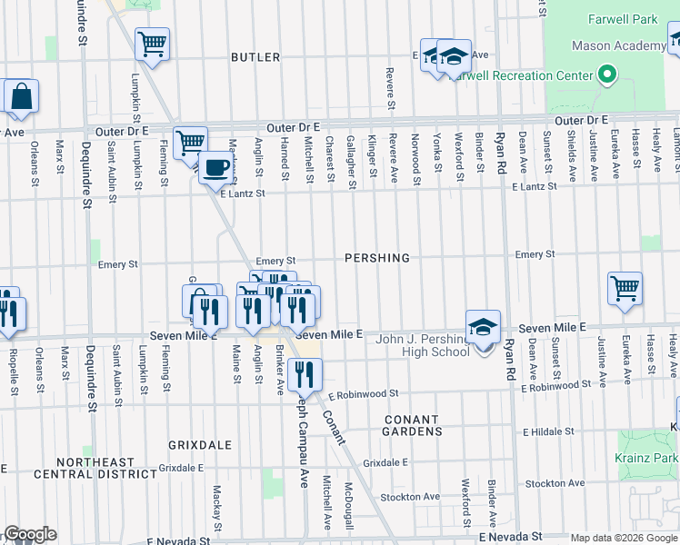 map of restaurants, bars, coffee shops, grocery stores, and more near 19239 Charest Street in Detroit