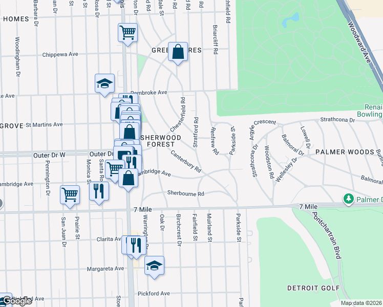 map of restaurants, bars, coffee shops, grocery stores, and more near 19401 Stratford Road in Detroit