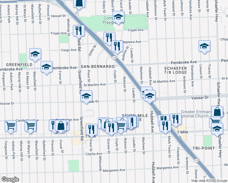 map of restaurants, bars, coffee shops, grocery stores, and more near 19452 Sussex Street in Detroit