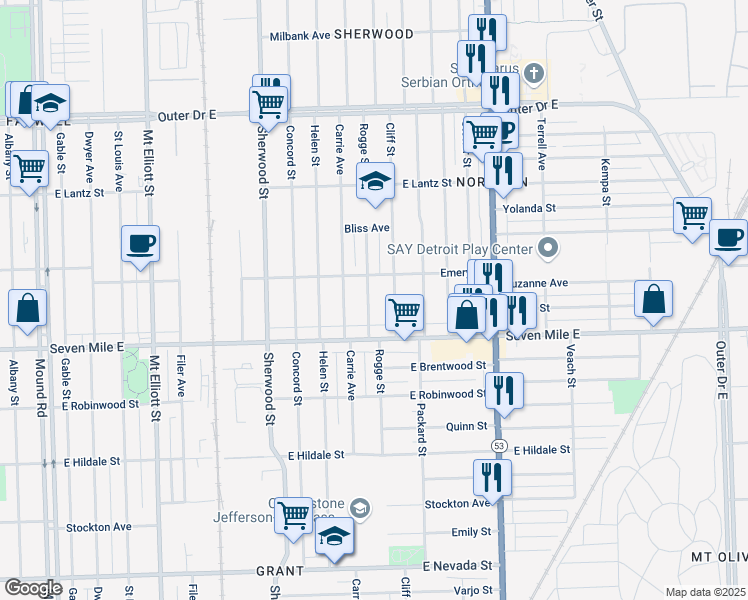 map of restaurants, bars, coffee shops, grocery stores, and more near 19182 Rogge Street in Detroit