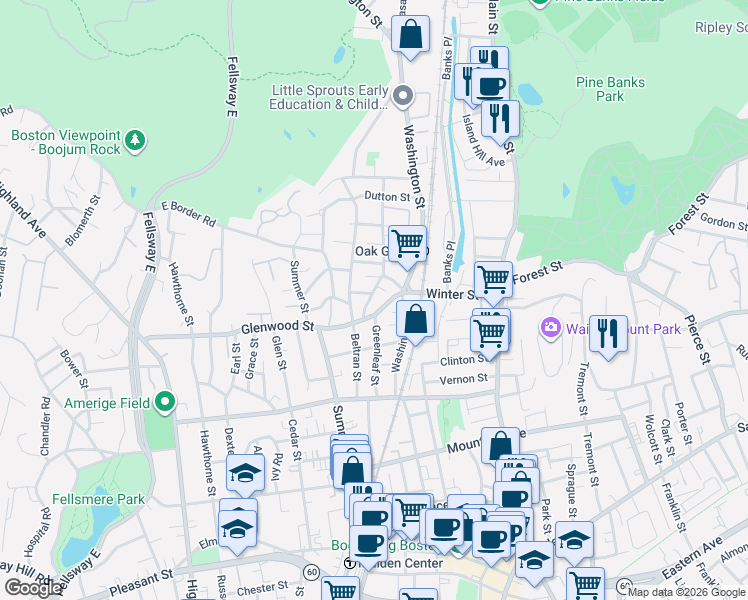 map of restaurants, bars, coffee shops, grocery stores, and more near 21 Glenwood Street in Malden