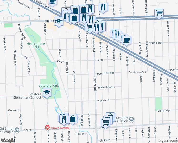 map of restaurants, bars, coffee shops, grocery stores, and more near 19910 Rensellor Street in Livonia