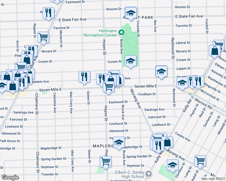map of restaurants, bars, coffee shops, grocery stores, and more near 19018 Hayes Street in Detroit