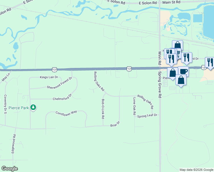 map of restaurants, bars, coffee shops, grocery stores, and more near 3012 Rolling Oaks Road in Spring Grove