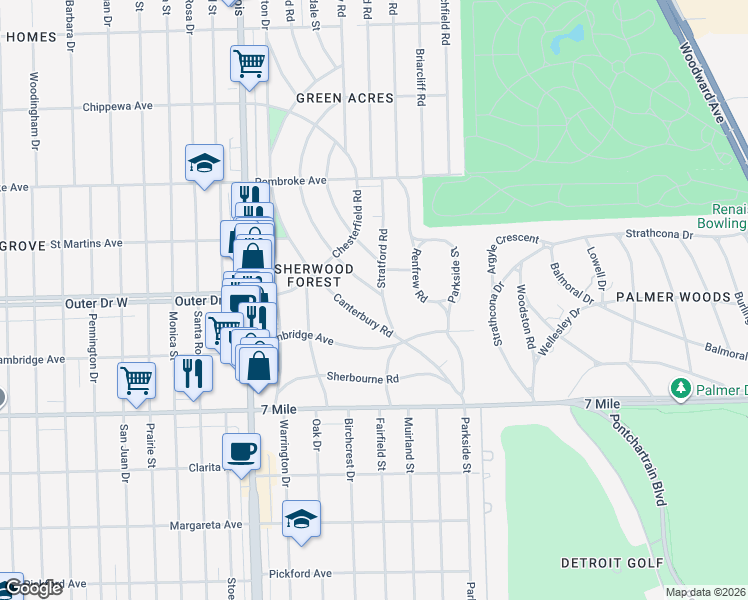 map of restaurants, bars, coffee shops, grocery stores, and more near 19401 Stratford Road in Detroit