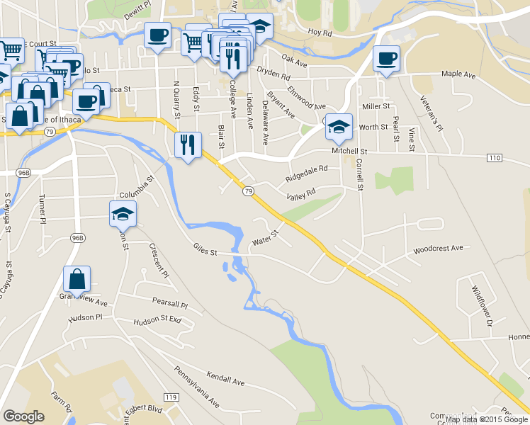 map of restaurants, bars, coffee shops, grocery stores, and more near 959-61 East State Street in Ithaca