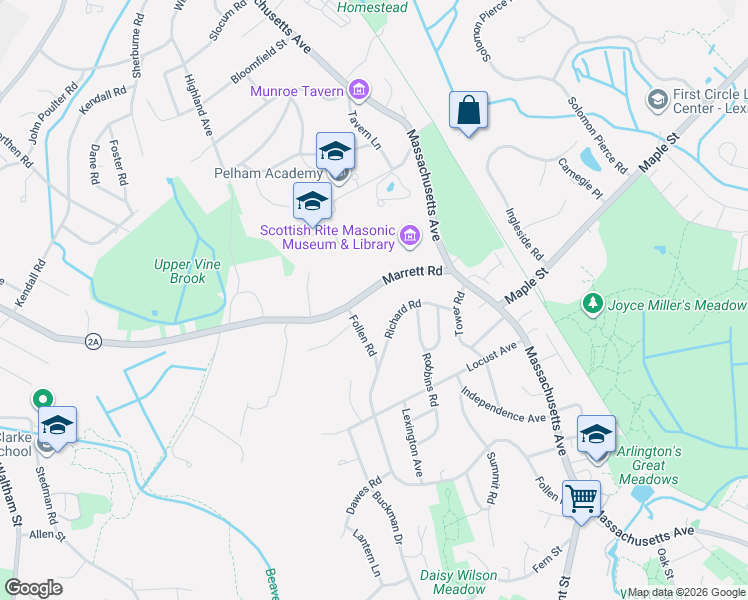 map of restaurants, bars, coffee shops, grocery stores, and more near 52 Marrett Road in Lexington