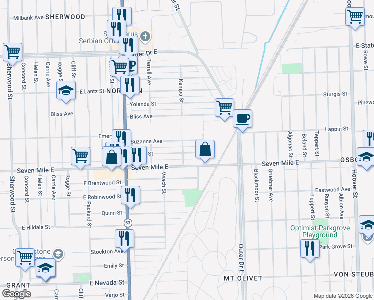 map of restaurants, bars, coffee shops, grocery stores, and more near 8307 House Street in Detroit
