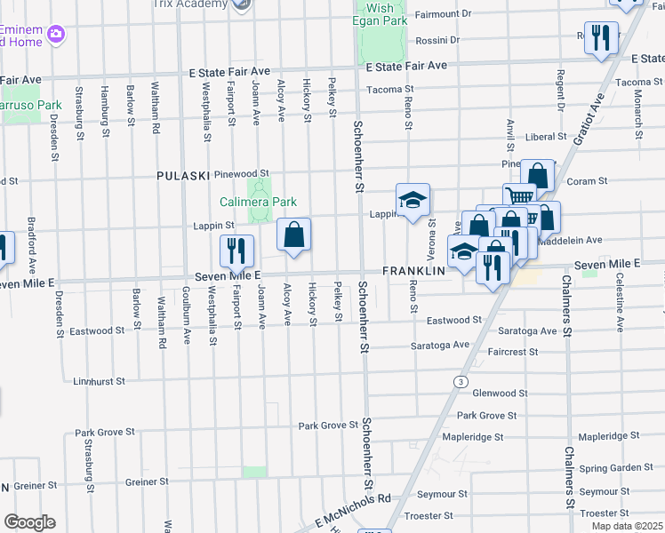 map of restaurants, bars, coffee shops, grocery stores, and more near 13441 Seven Mile East in Detroit