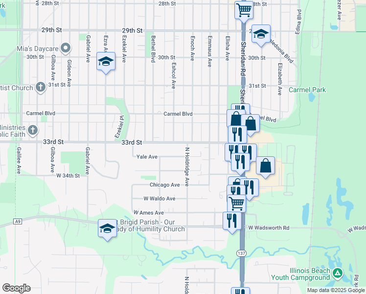 map of restaurants, bars, coffee shops, grocery stores, and more near 1513 33rd Street in Zion
