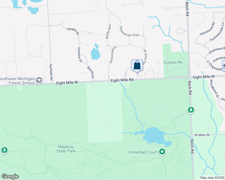 map of restaurants, bars, coffee shops, grocery stores, and more near 48525 Eight Mile Road in Northville