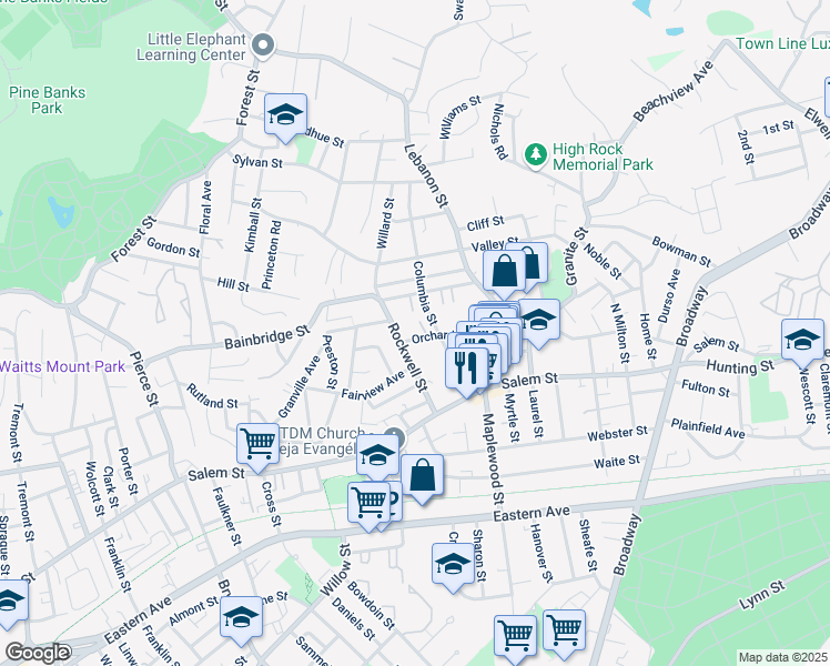 map of restaurants, bars, coffee shops, grocery stores, and more near 71 Orchard Street in Malden